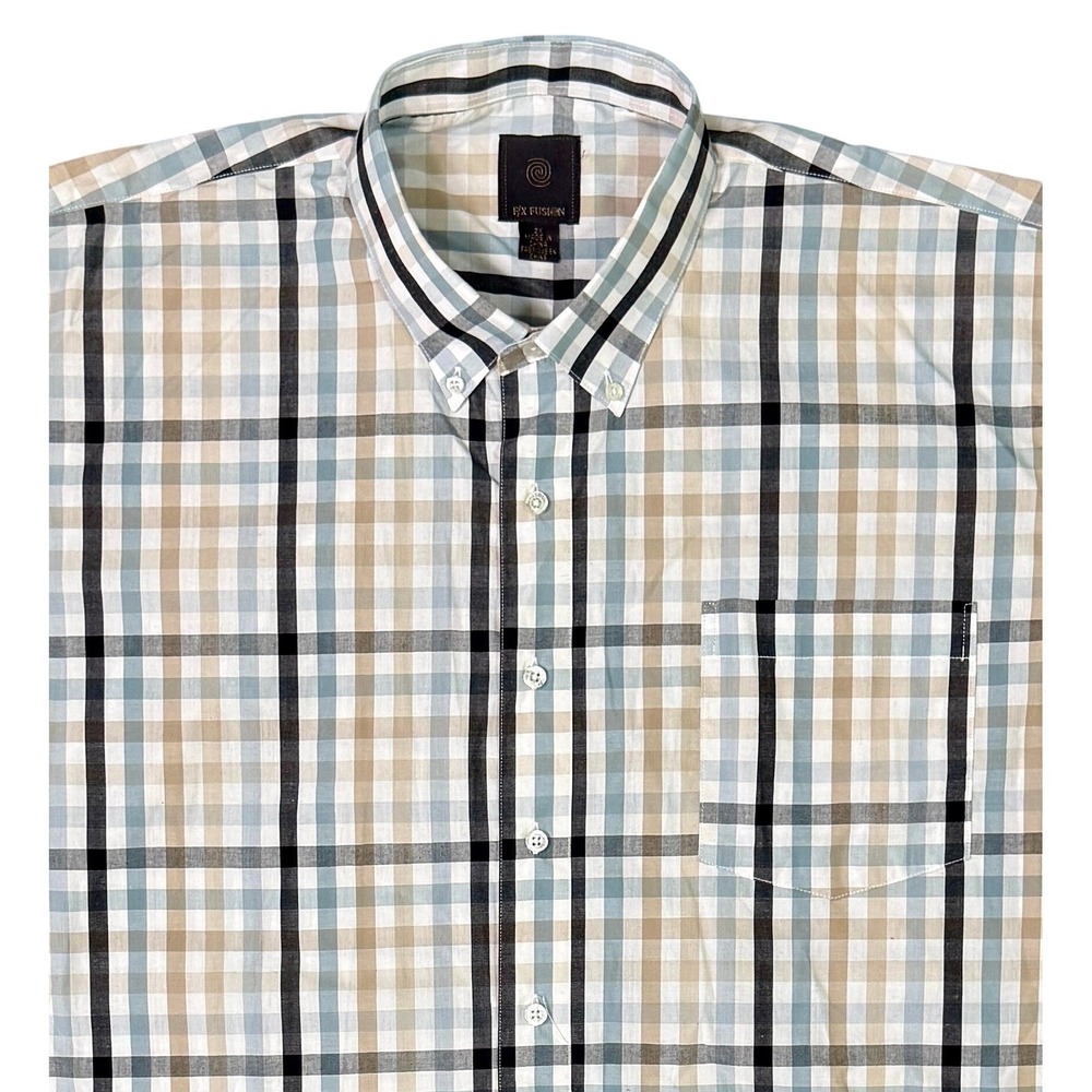 FX Fusion Mens 2X Short Sleeve Button Down Shirt Plaid Blue‎ Tan Black Cotton